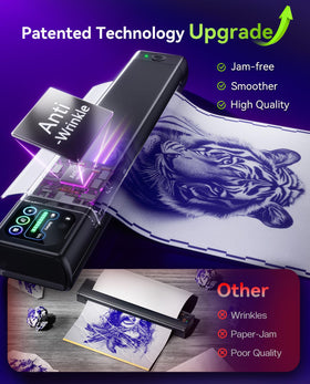 Phomemo held in hand to show compact size and portable tattoo workflow
