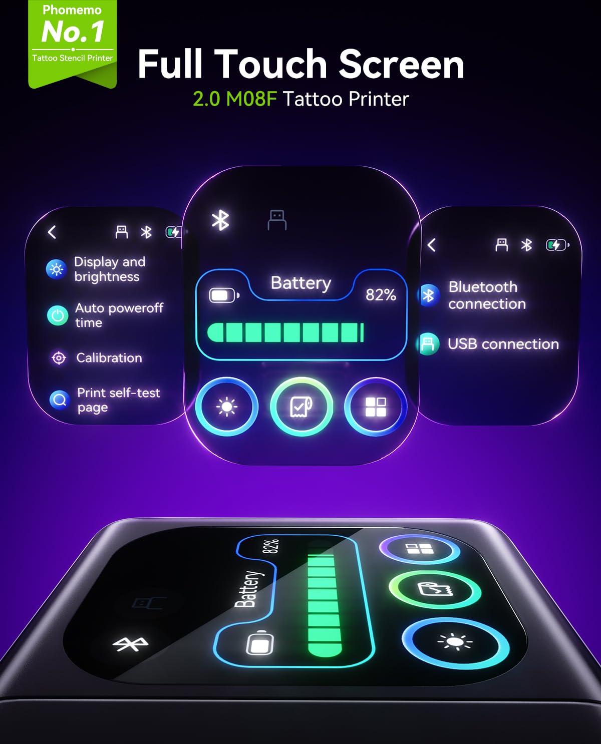 Phomemo touchscreen close-up displaying preview and faster adjustments