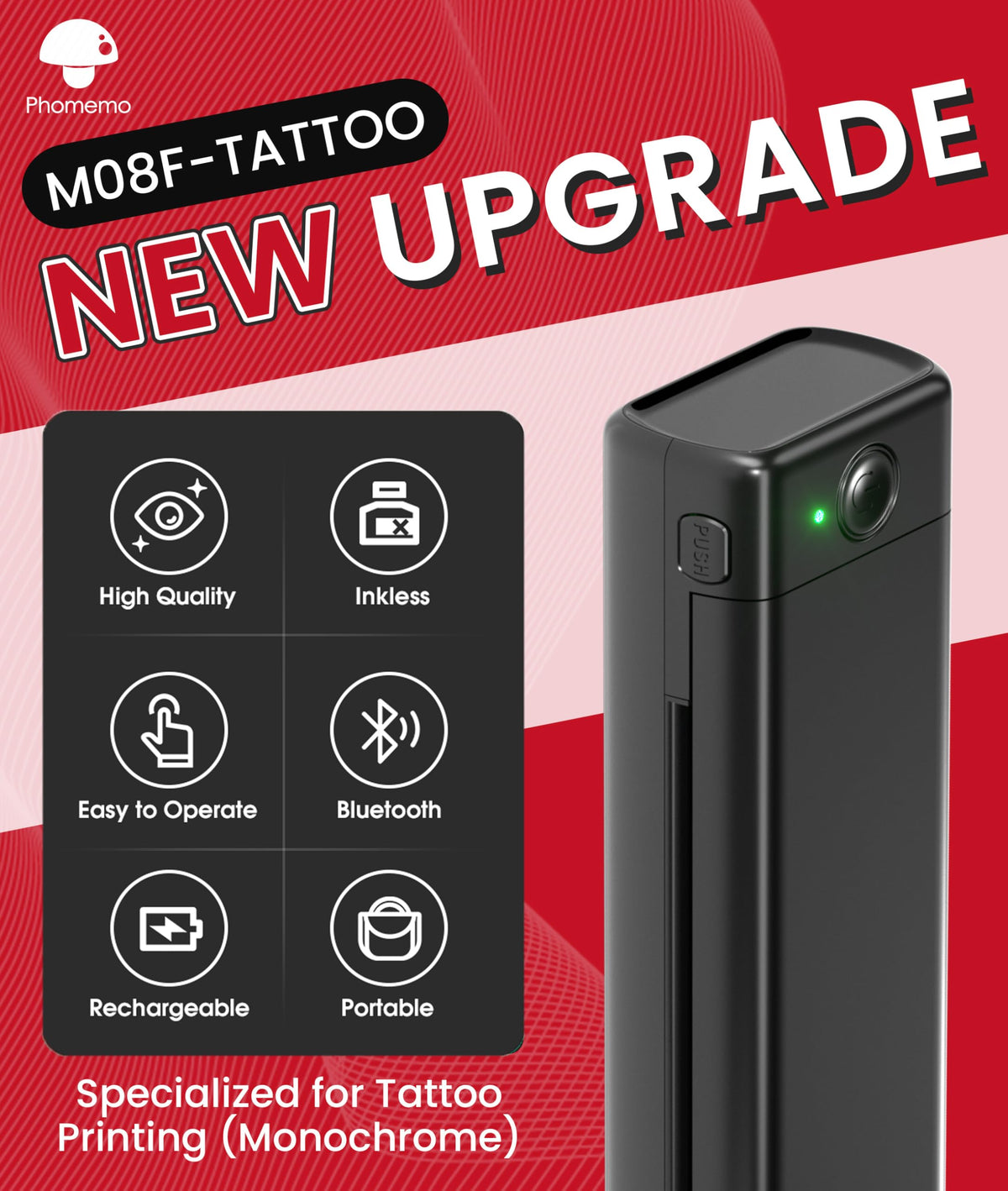 Phomemo M08F side profile with visible paper slot offering smooth, inkless transfers