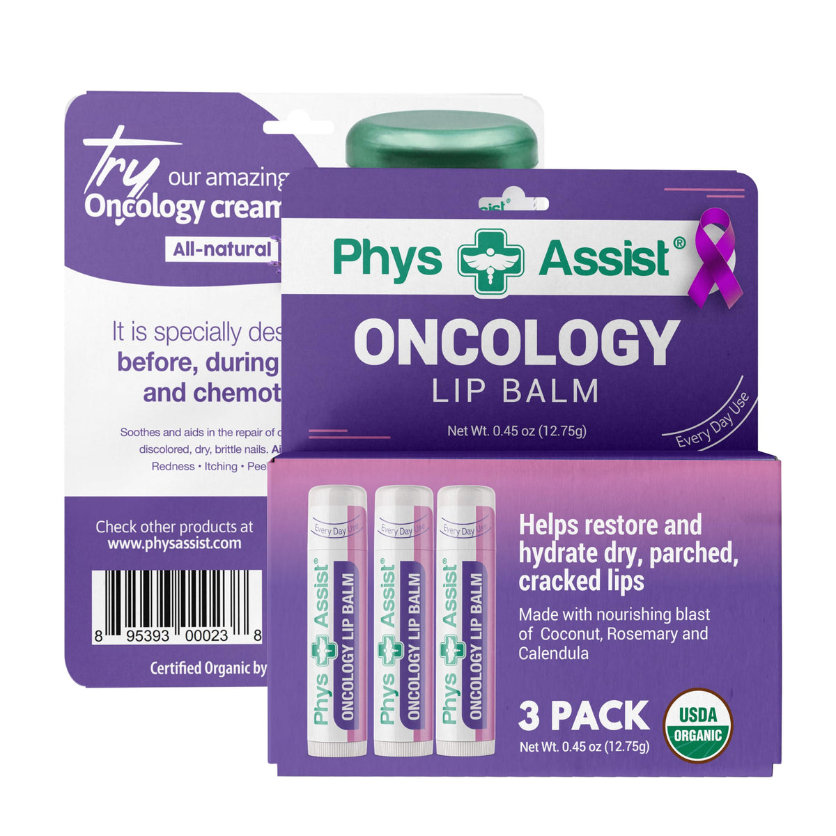 PhysAssist front packaging showing organic lip balm and calming benefits
