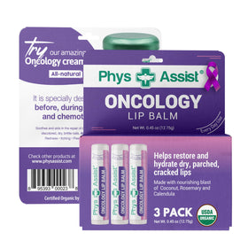 PhysAssist front packaging showing organic lip balm and calming benefits