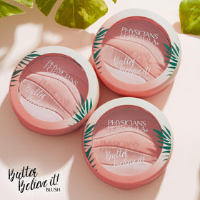 Physicians Formula blush applied on model cheek demonstrating natural radiant color