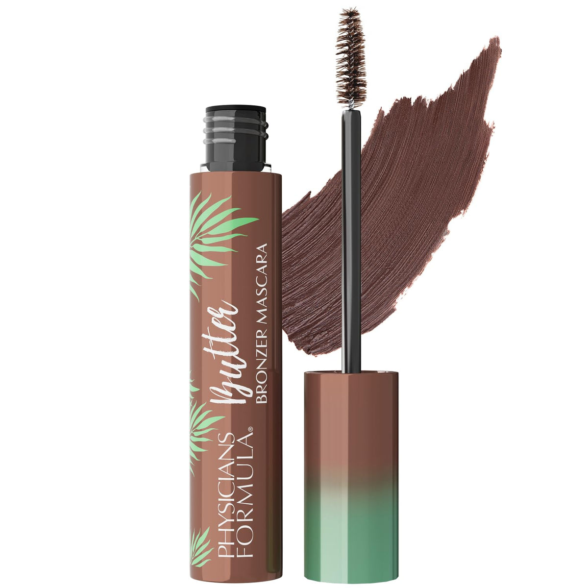 Physicians Formula mascara tube front view showing bronze packaging and brand benefit
