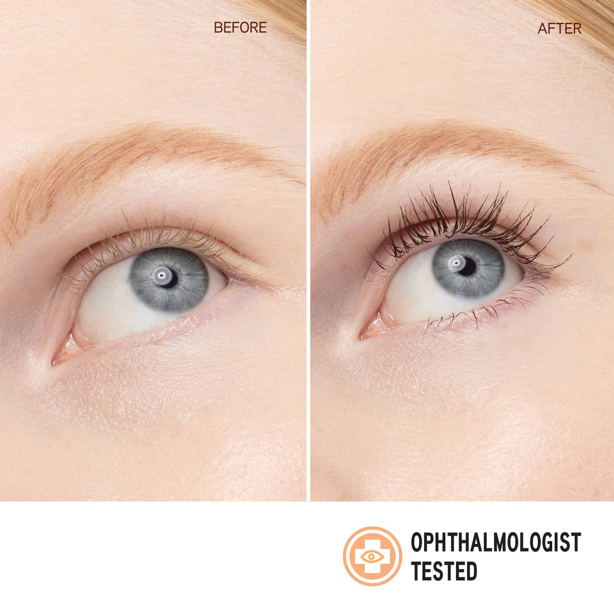 Physicians Formula mascara applied to lashes demonstrating length, separation, and natural bronze tone