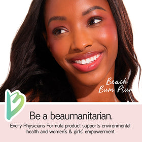 Physicians Formula stick applied to model cheeks showing natural plum radiance and blended finish