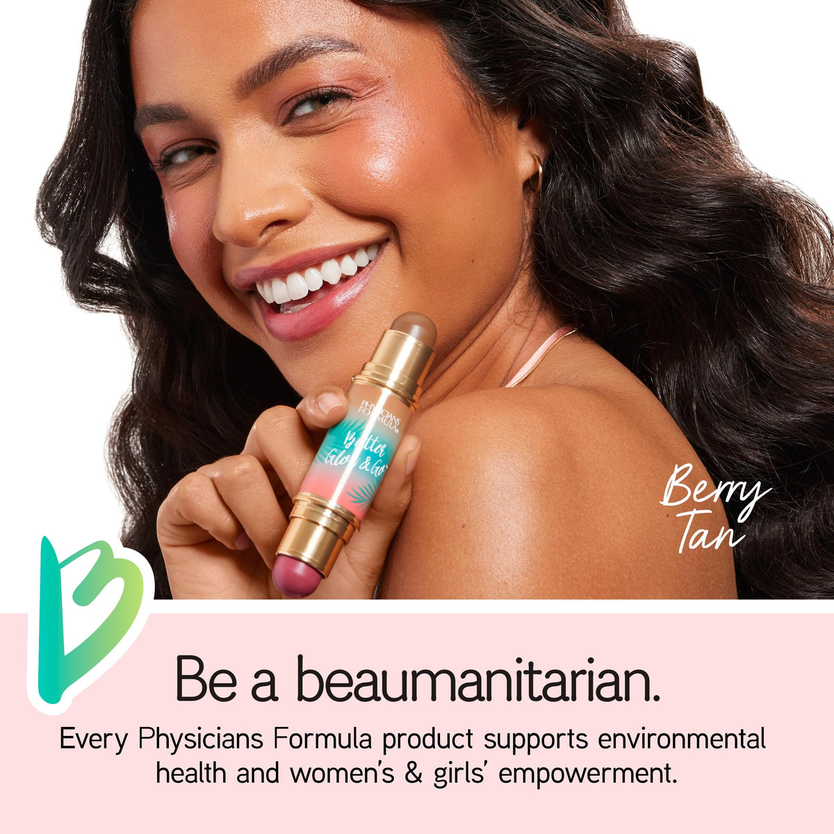 Physicians Formula Butter Glow & Go shown on model applying both ends for cheeks and lips, creating glow