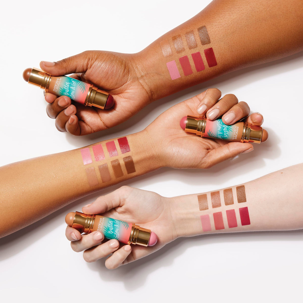 Physicians Formula used on eyelid and lips to illustrate multiuse versatility and cohesive look