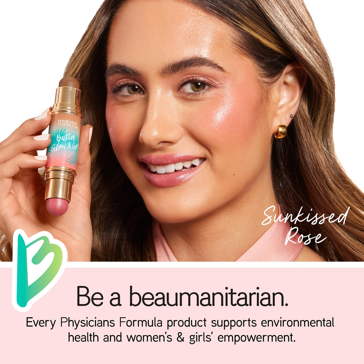 Physicians Formula applying stick to cheeks for quick luminous color and easy blending on skin