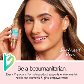 Physicians Formula applying stick to cheeks for quick luminous color and easy blending on skin