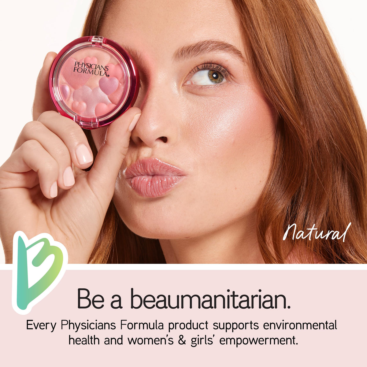 Physicians Formula applied on model cheeks demonstrating natural glow and mood-lifting scent
