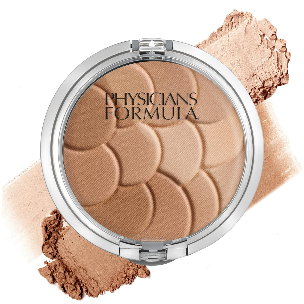 Physicians Formula compact front view shows mosaic bronzer and mirror for quick touch-ups