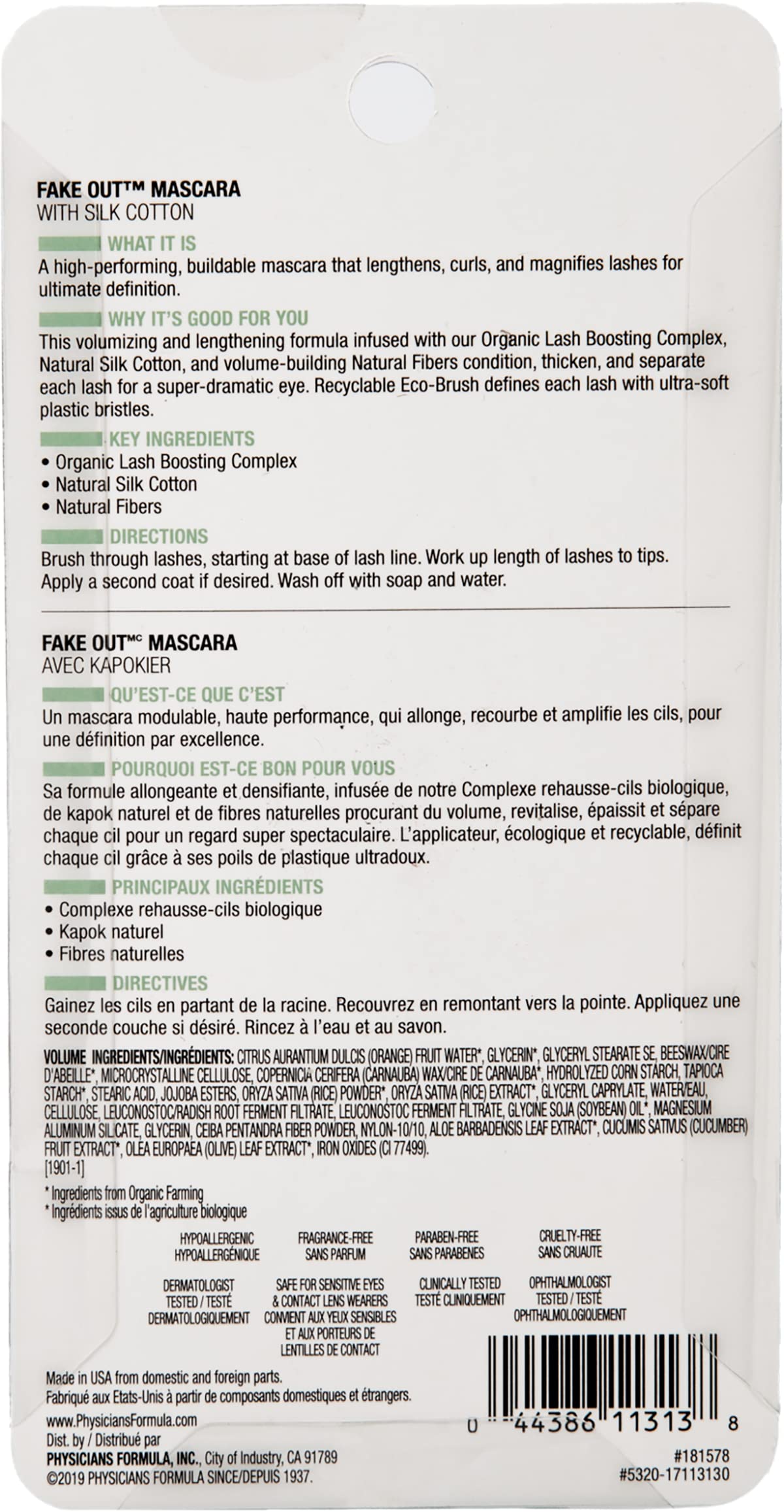 Physicians Formula mascara next to credit card showing compact size and travel friendliness