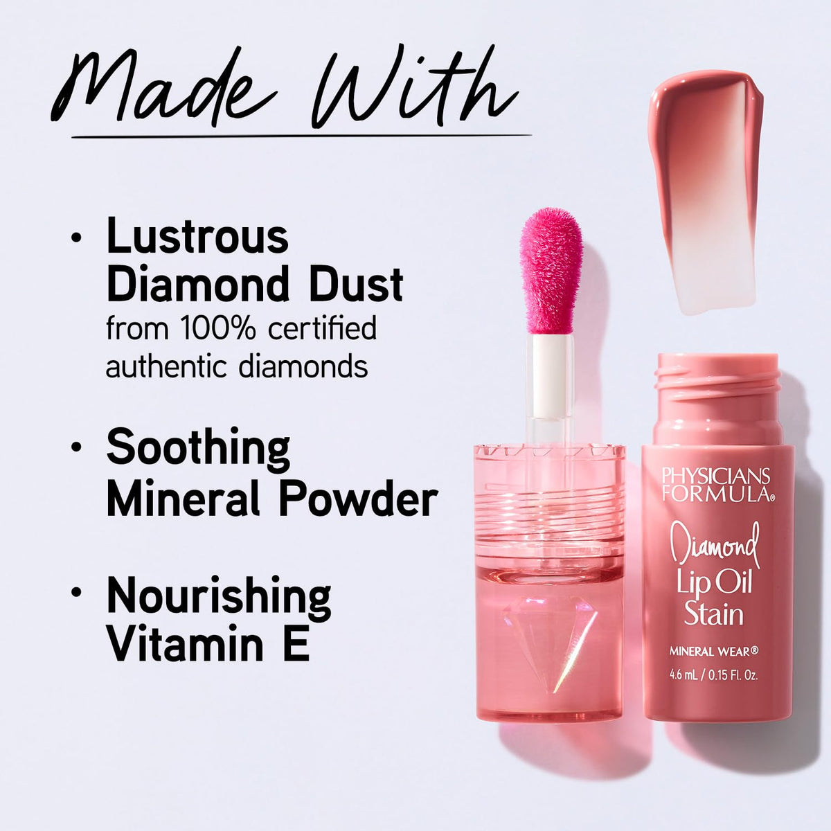 Physicians Formula radiant rose applied on model lips demonstrating soft matte stain