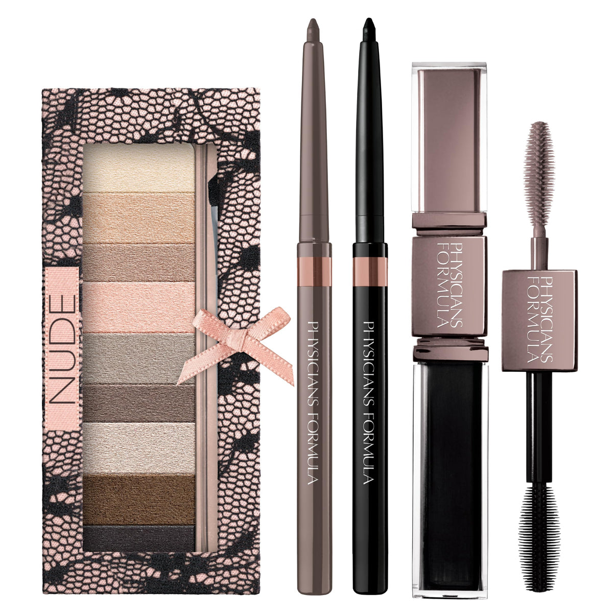 Physicians Formula compact front view showing nine neutral shadows and applicators for versatile looks