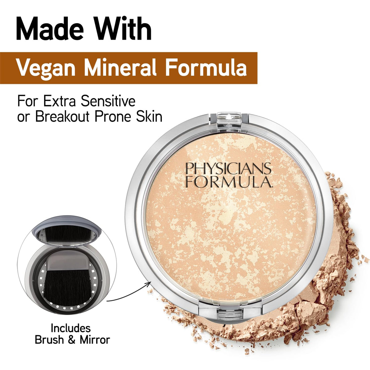 Physicians Formula powder picked up with brush to create a natural satin finish