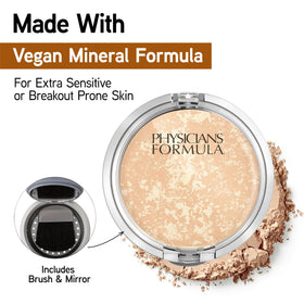 Physicians Formula powder picked up with brush to create a natural satin finish
