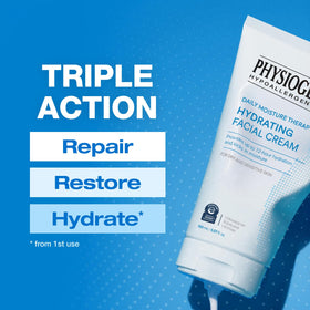 PHYSIOGEL size comparison with hand showing 5 fl oz jar and travel-friendly benefit