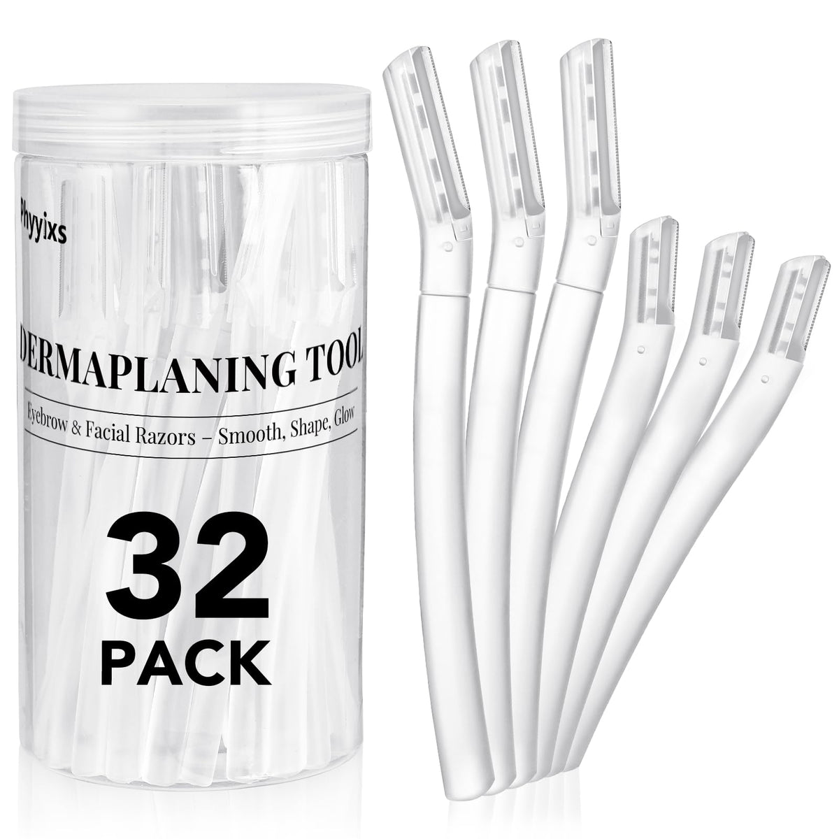 Phyyixs clear jar of razors neatly stored, keeps tools organized