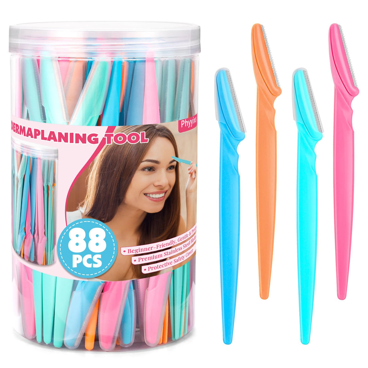 Phyyixs reusable jar front view showing organized razors and convenient storage