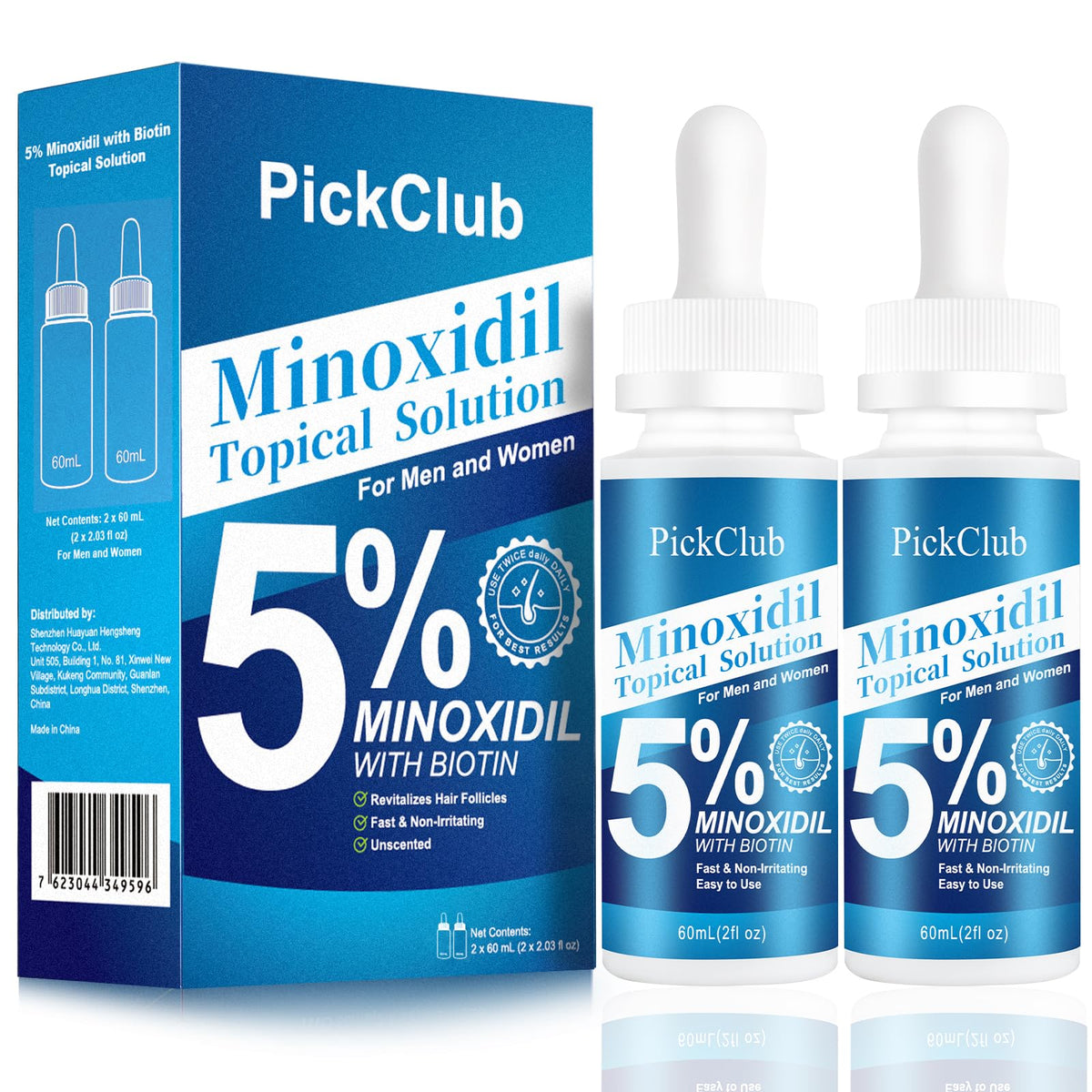 PickClub front packaging showing two 60 mL bottles and label benefits