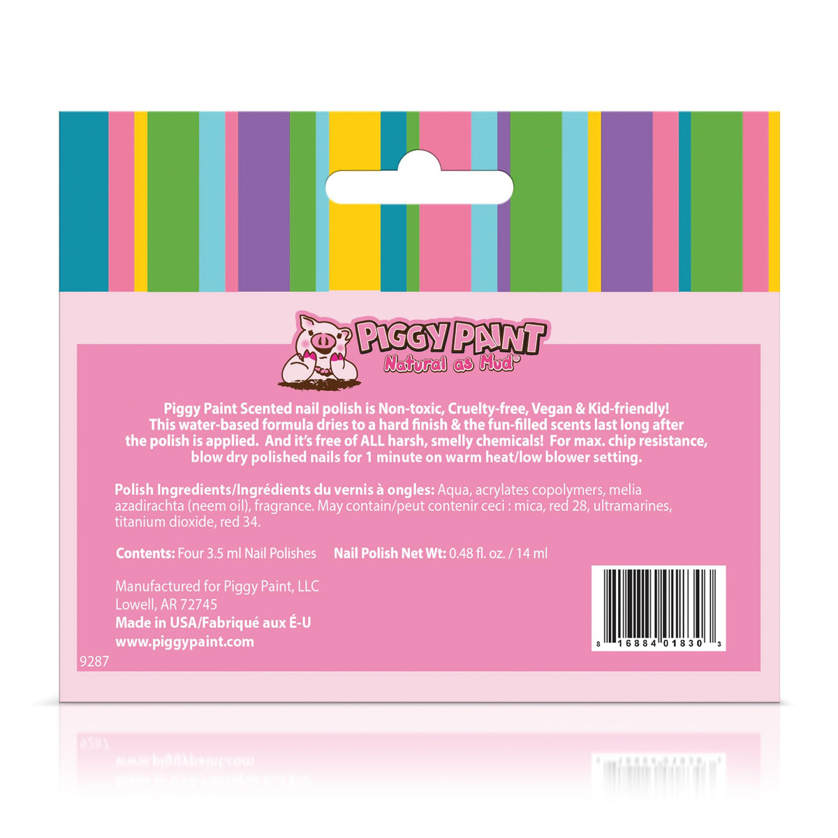 Piggy Paint four bottles lined up to show included colors and easy selection benefit