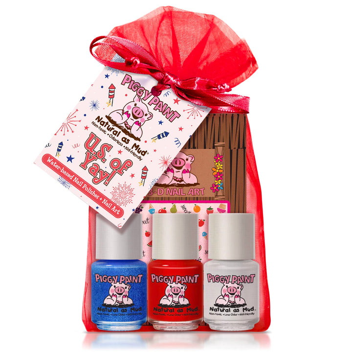 Piggy Paint front packaging US of YAY trio showing three mini polishes and art — safe kids polish