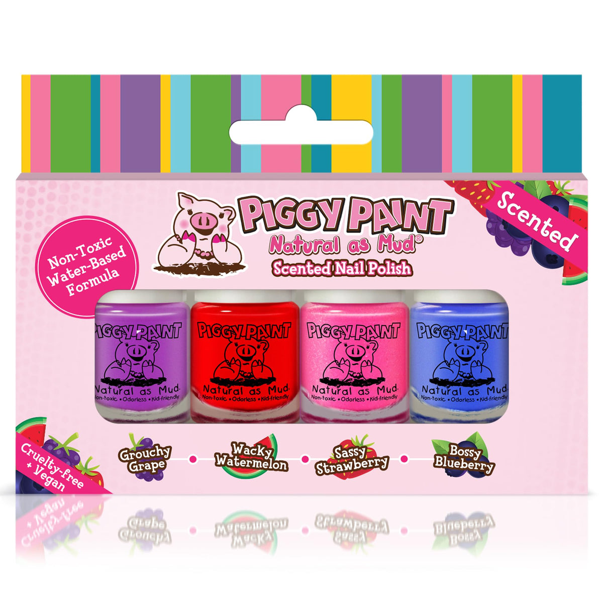 Piggy Paint front packaging showing four scented color bottles and safe formula benefit