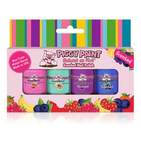 Piggy Paint front packaging showing four scented mini bottles and playful design benefit