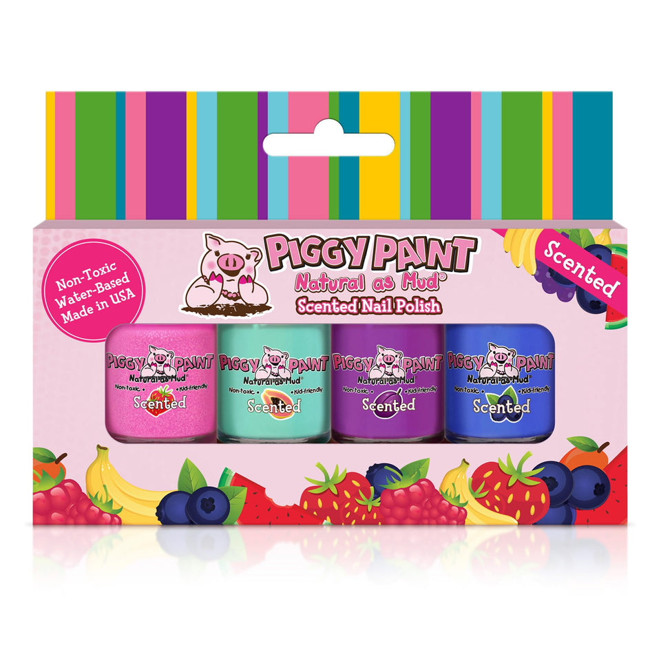 Piggy Paint front packaging showing four scented mini bottles and playful design benefit