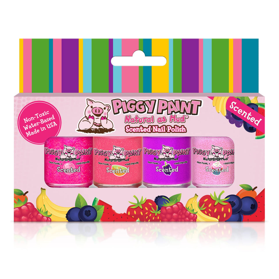 Piggy Paint front packaging showing four scented kid-safe shades and cheerful design