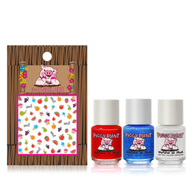 Piggy Paint mini bottles next to coin to show 0.25 oz size — compact and travel-friendly