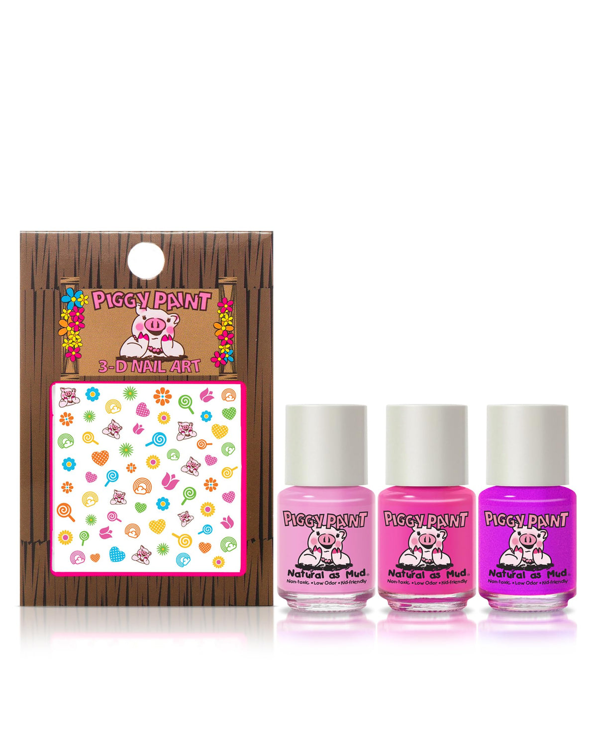 Piggy Paint three bottles top view highlighting bright kid-friendly shades