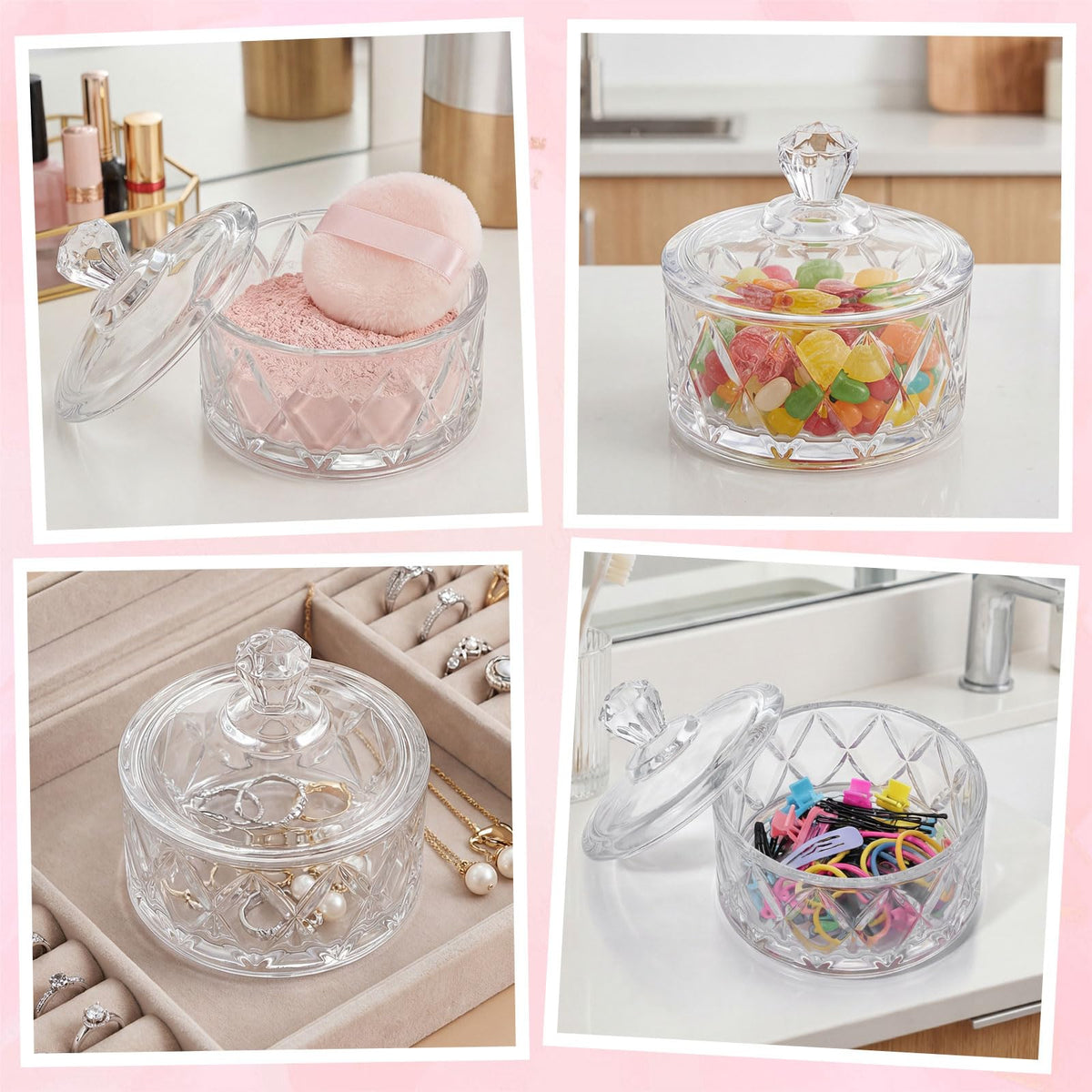 Pimoys jar on vanity lifestyle shot showing decorative crystal look benefit