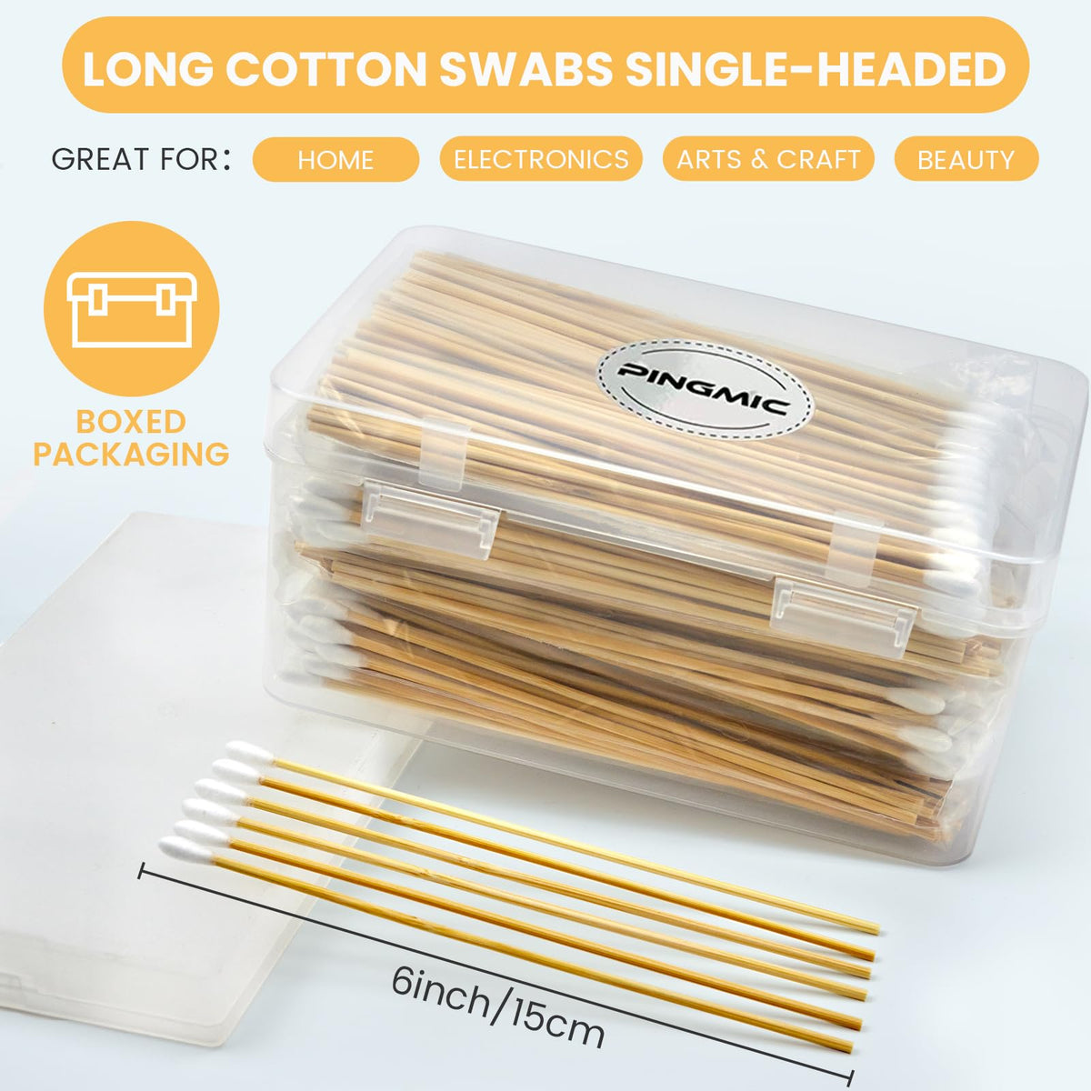 PINGMIC reusable storage box open with neatly arranged long cotton swabs for portability