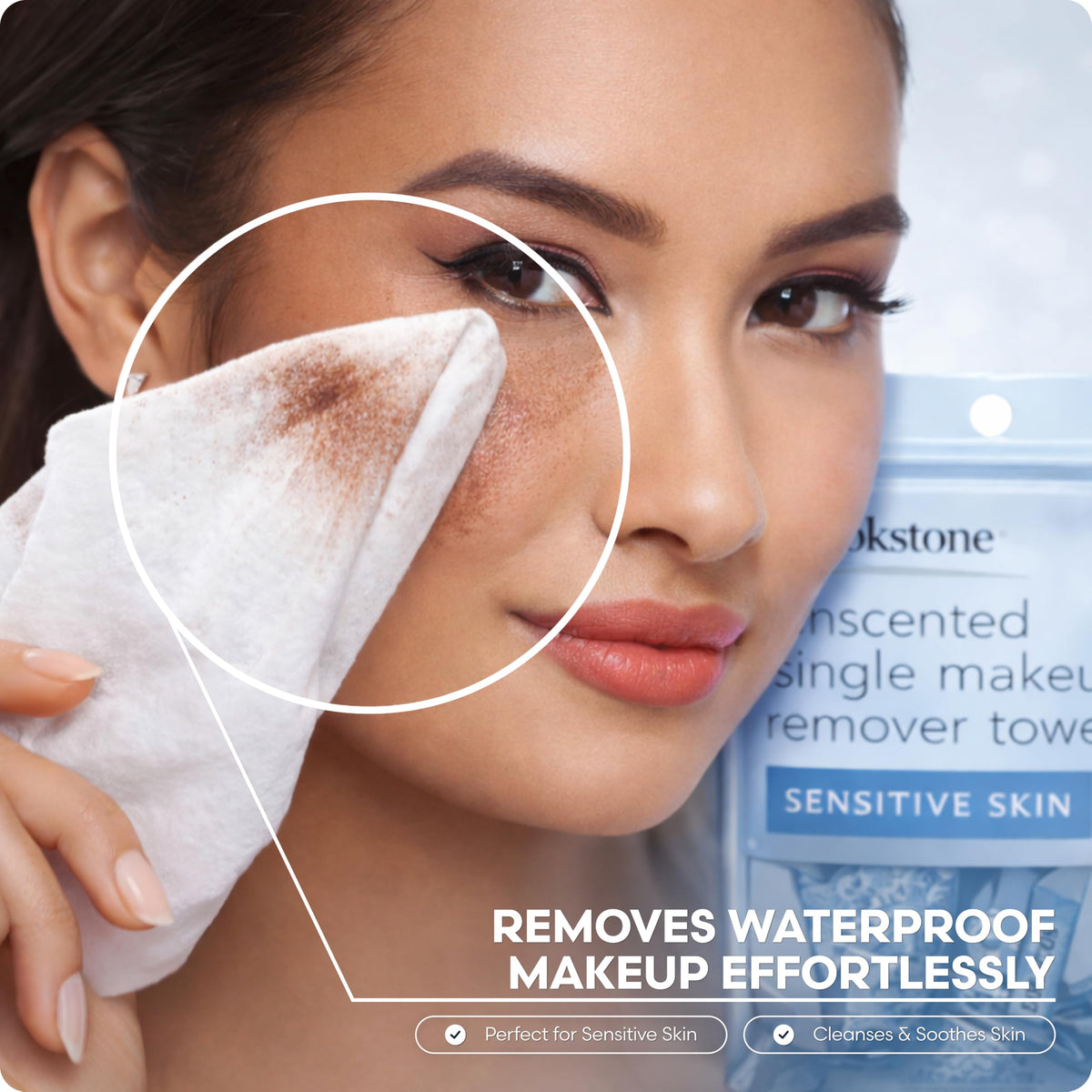 Pink Sky Brookstone wipe removing mascara showing effective eye-area cleansing