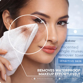 Pink Sky Brookstone wipe removing mascara showing effective eye-area cleansing