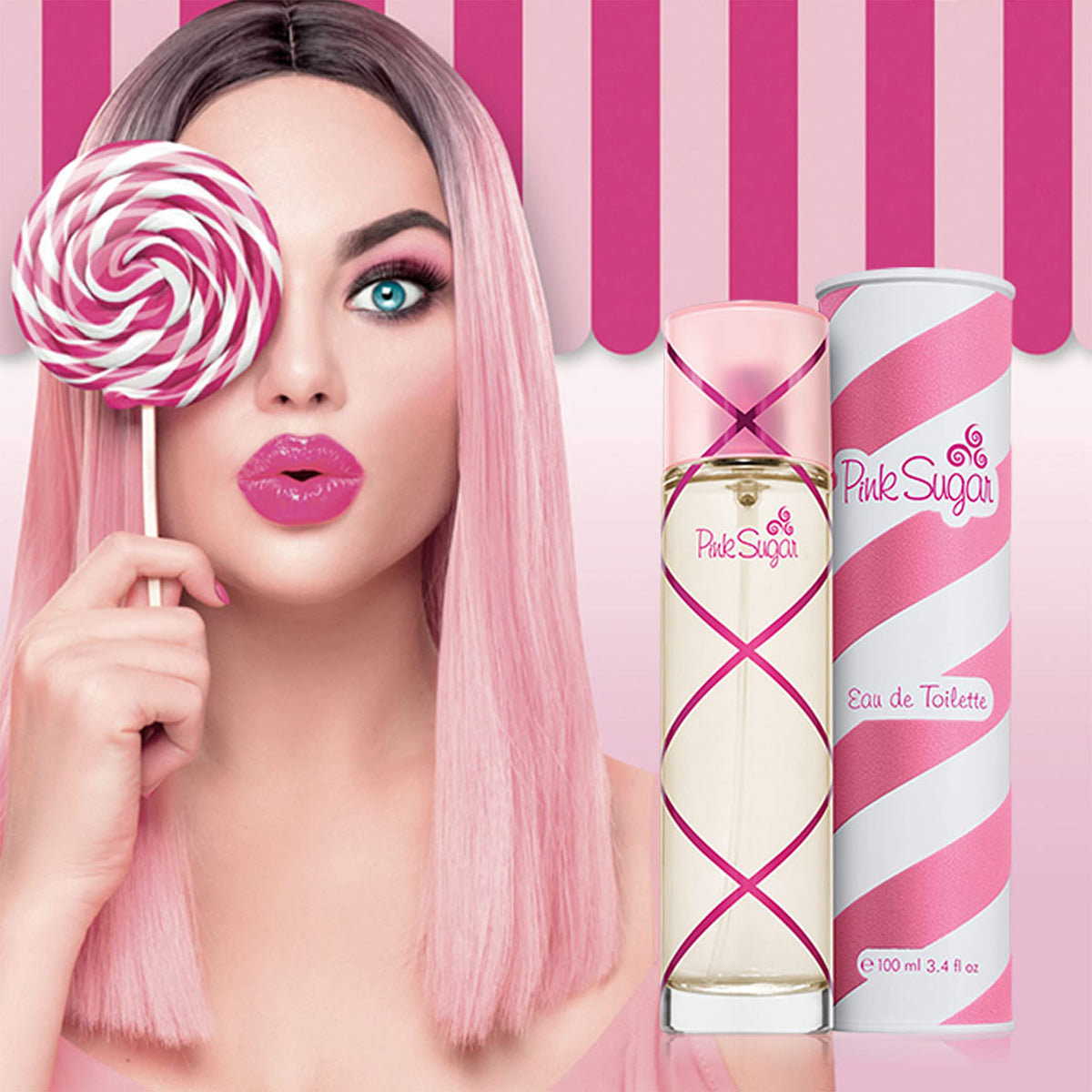 Pink Sugar bottle in hand to show size and portability for on-the-go touch-ups benefit