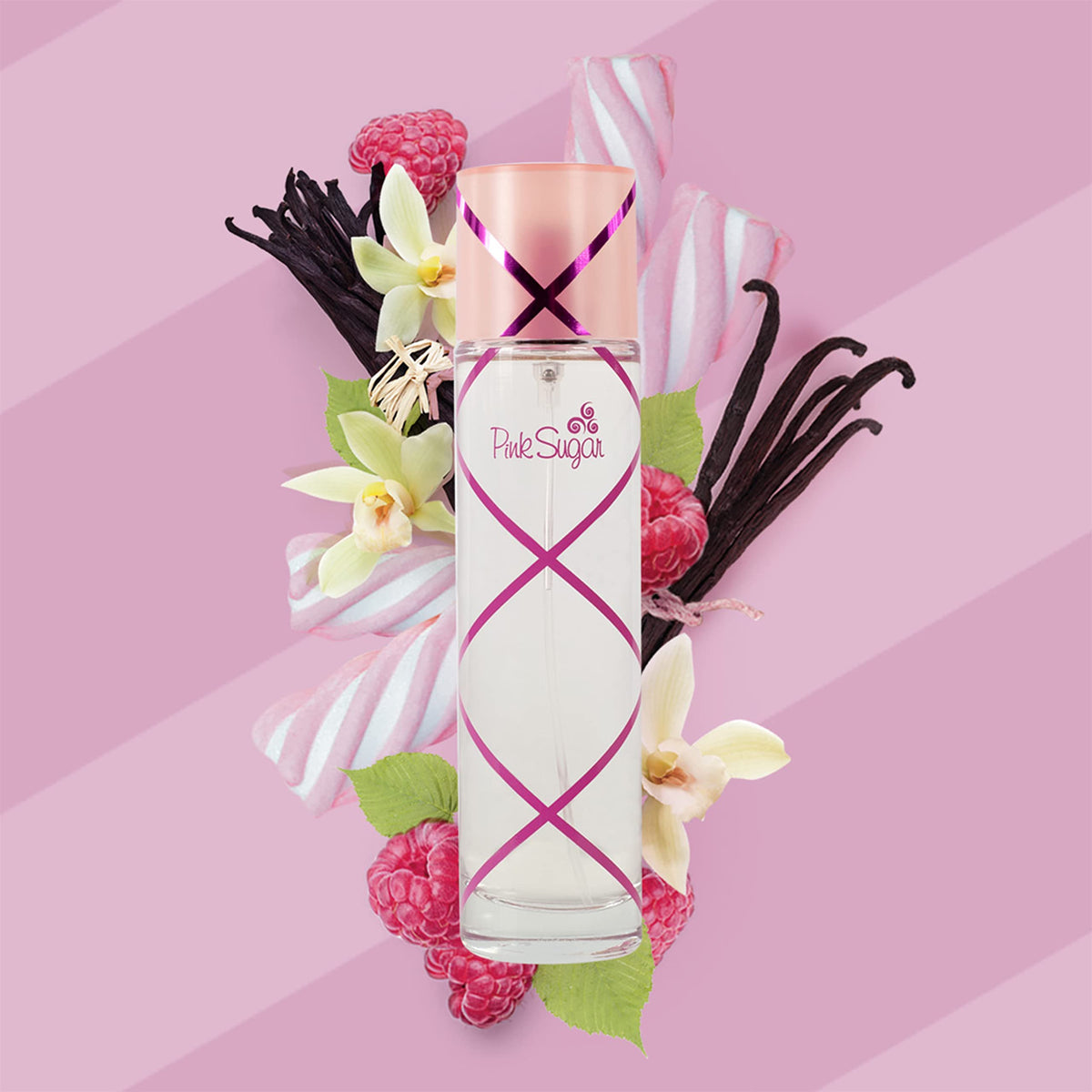 Pink Sugar liquid in bottle highlighting cotton-candy color and gourmand texture benefit