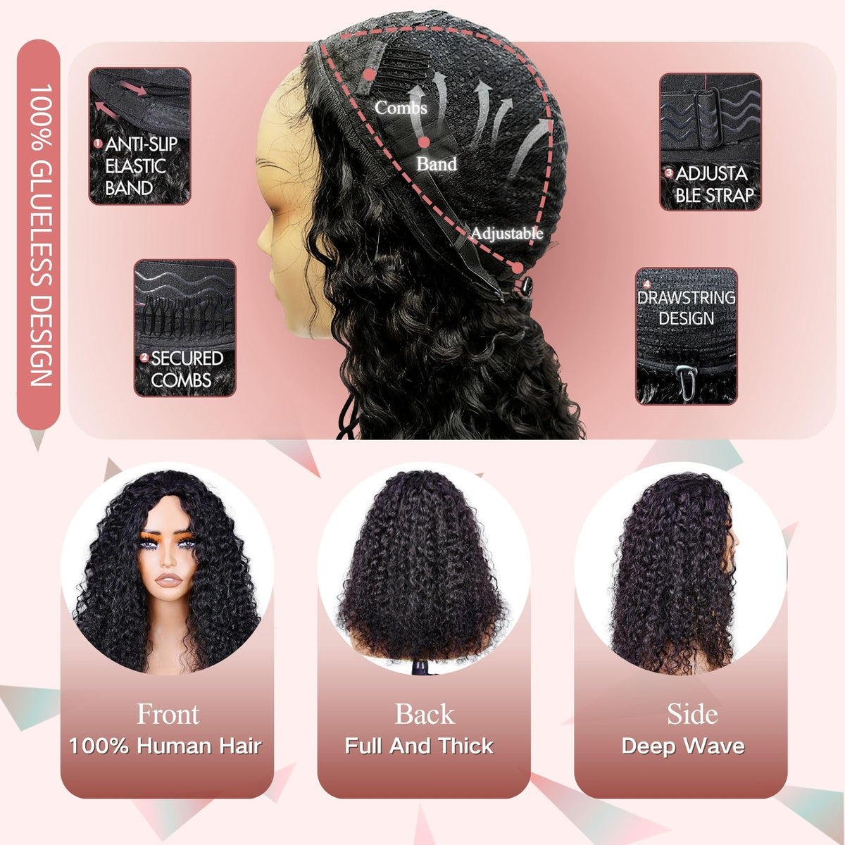 Pinketer drawstring and internal comb detail showing secure glueless fit