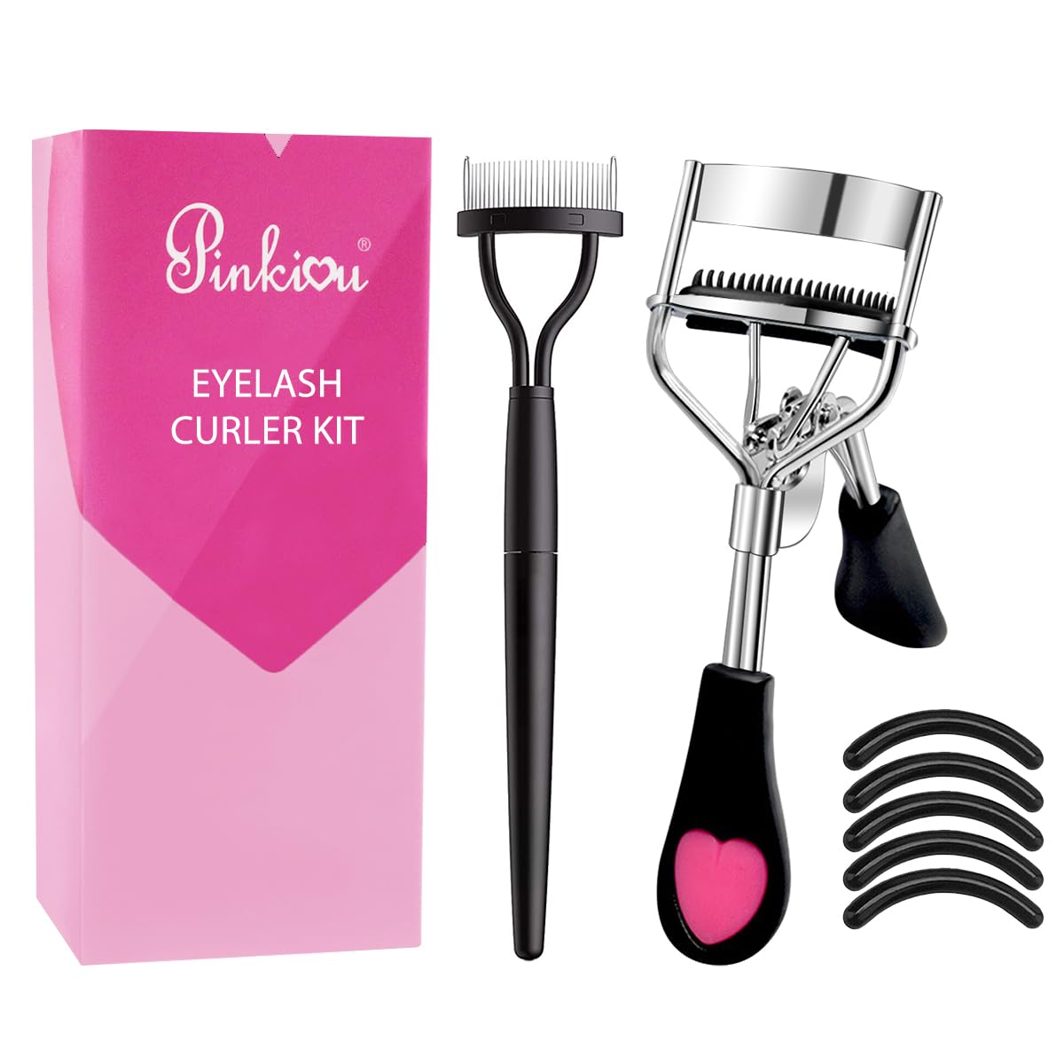 Pinkiou front packaging showing full eyelash curler kit and accessories