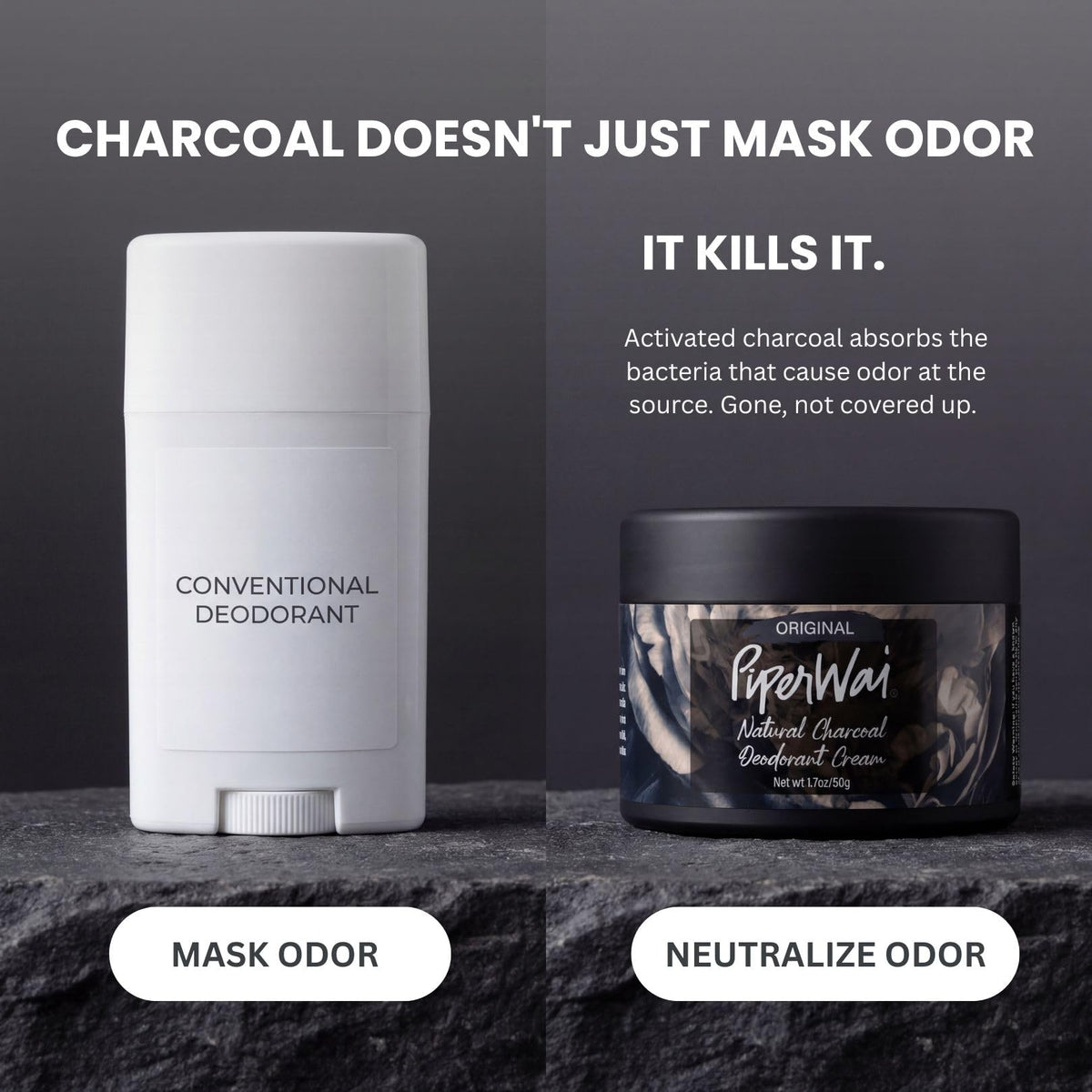PiperWai activated charcoal close-up demonstrating odor-absorbing ingredient benefit