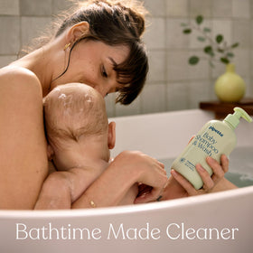 Pipette baby bath in use with caregiver demonstrating calm, tear-free bathing benefit