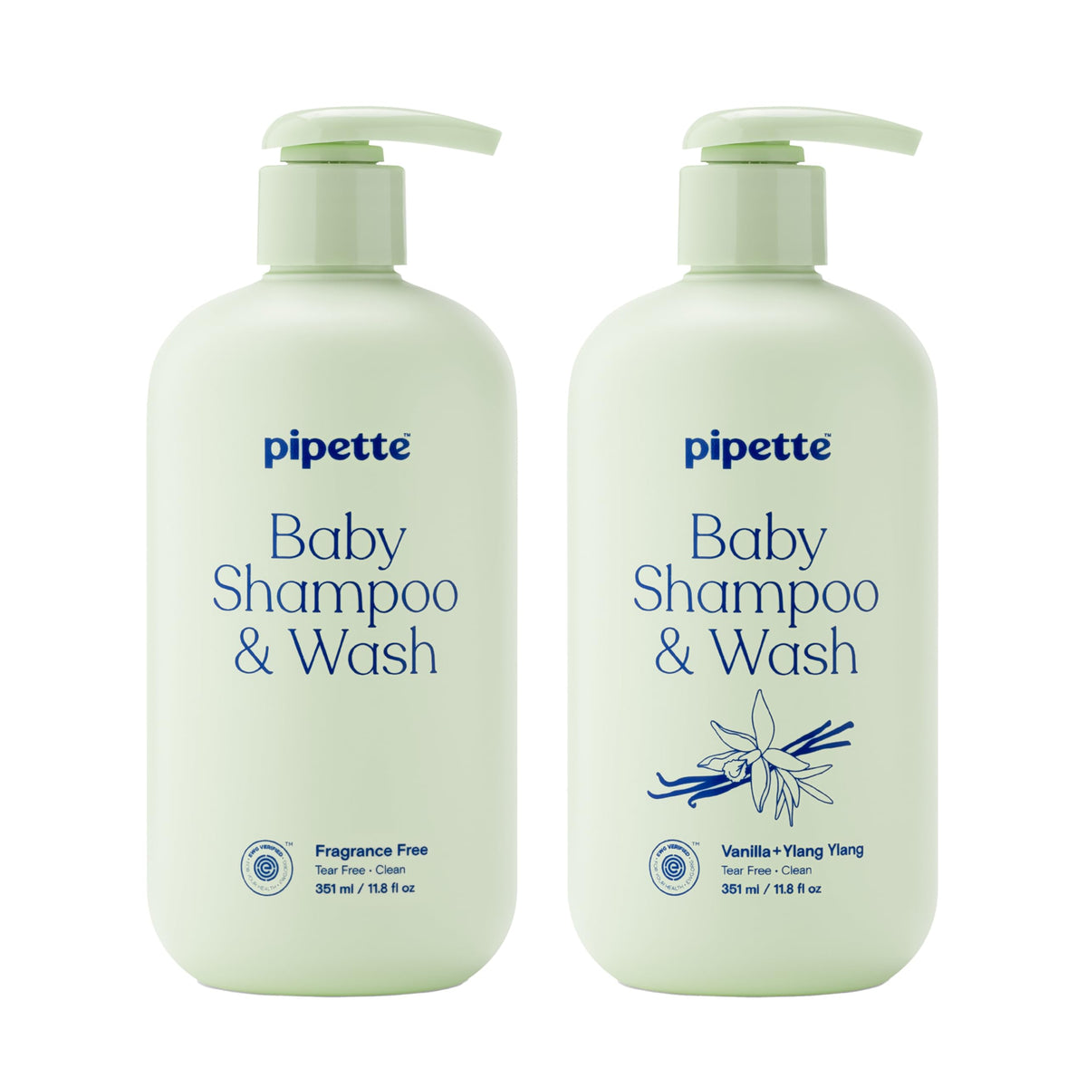 Pipette front packaging duo showing both fragrance-free and vanilla bottles benefits gentle cleansing