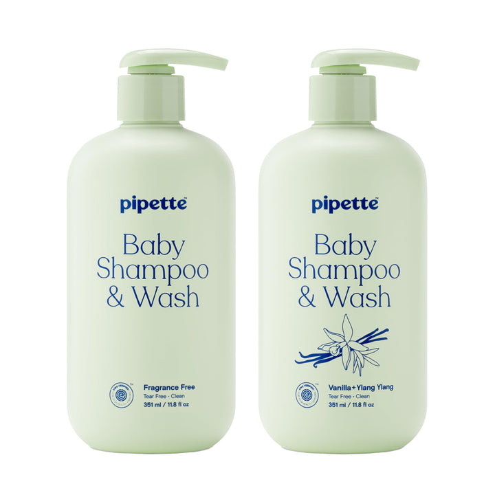 Pipette front packaging duo showing both fragrance-free and vanilla bottles benefits gentle cleansing