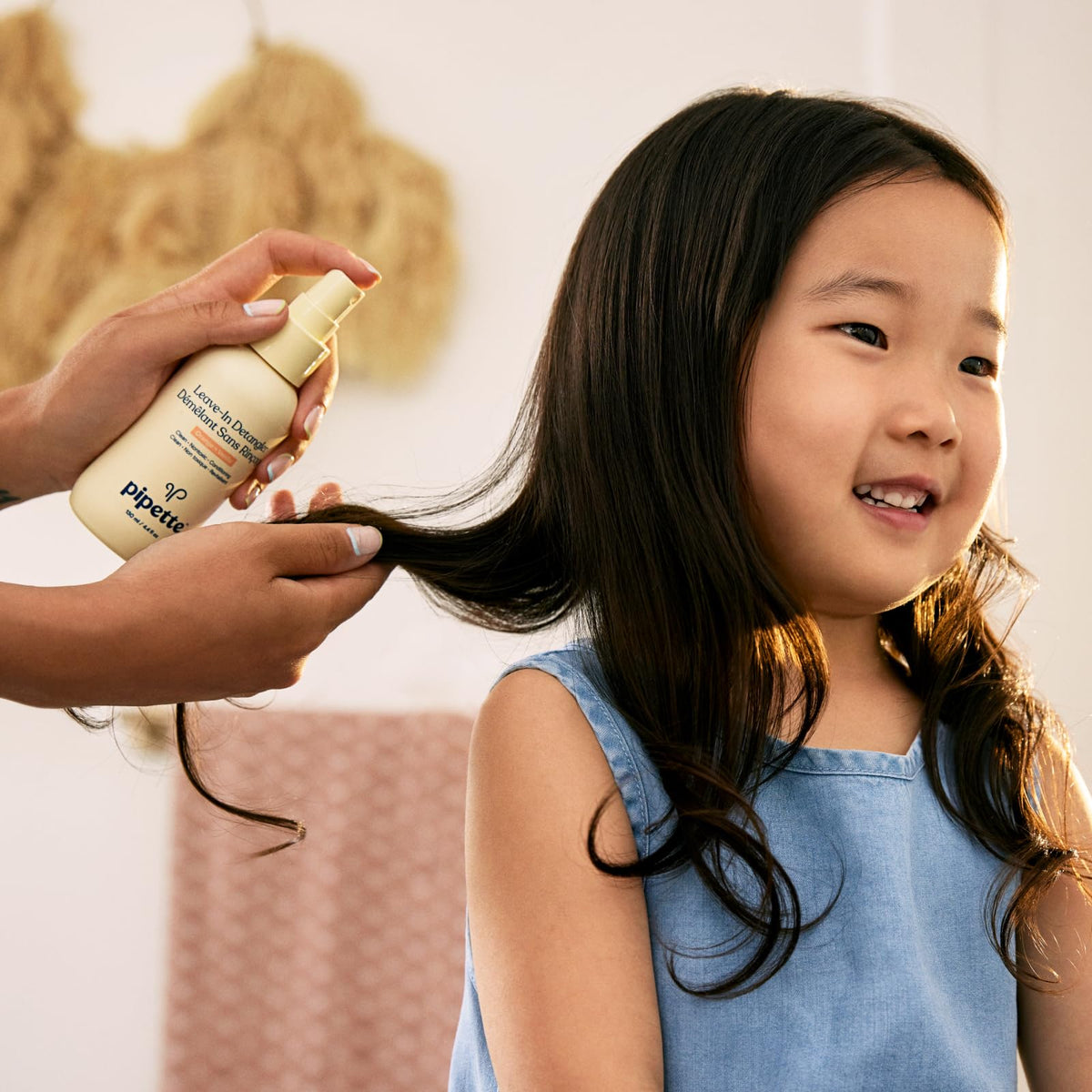 Pipette before-and-after child hair demonstrating smoother, easier combing and reduced knots