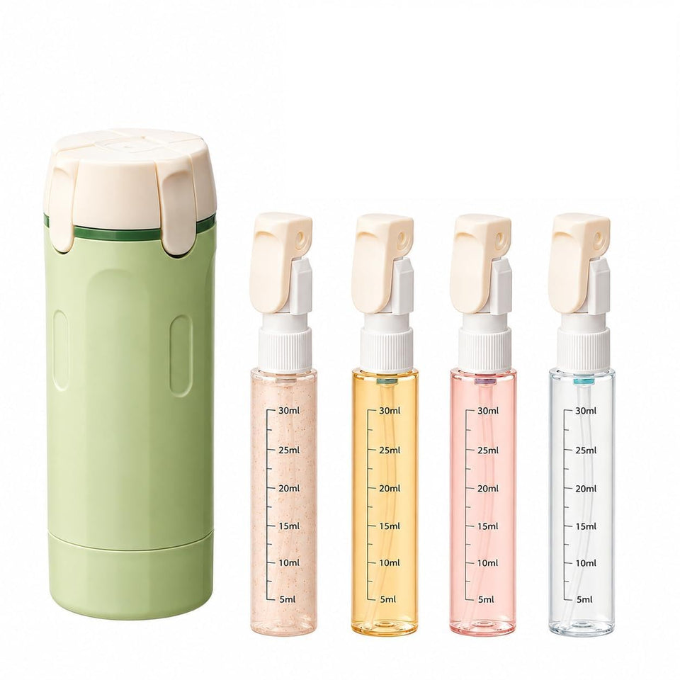 PIQOLA front view showing compact green 4-in-1 dispenser and tidy storage benefit