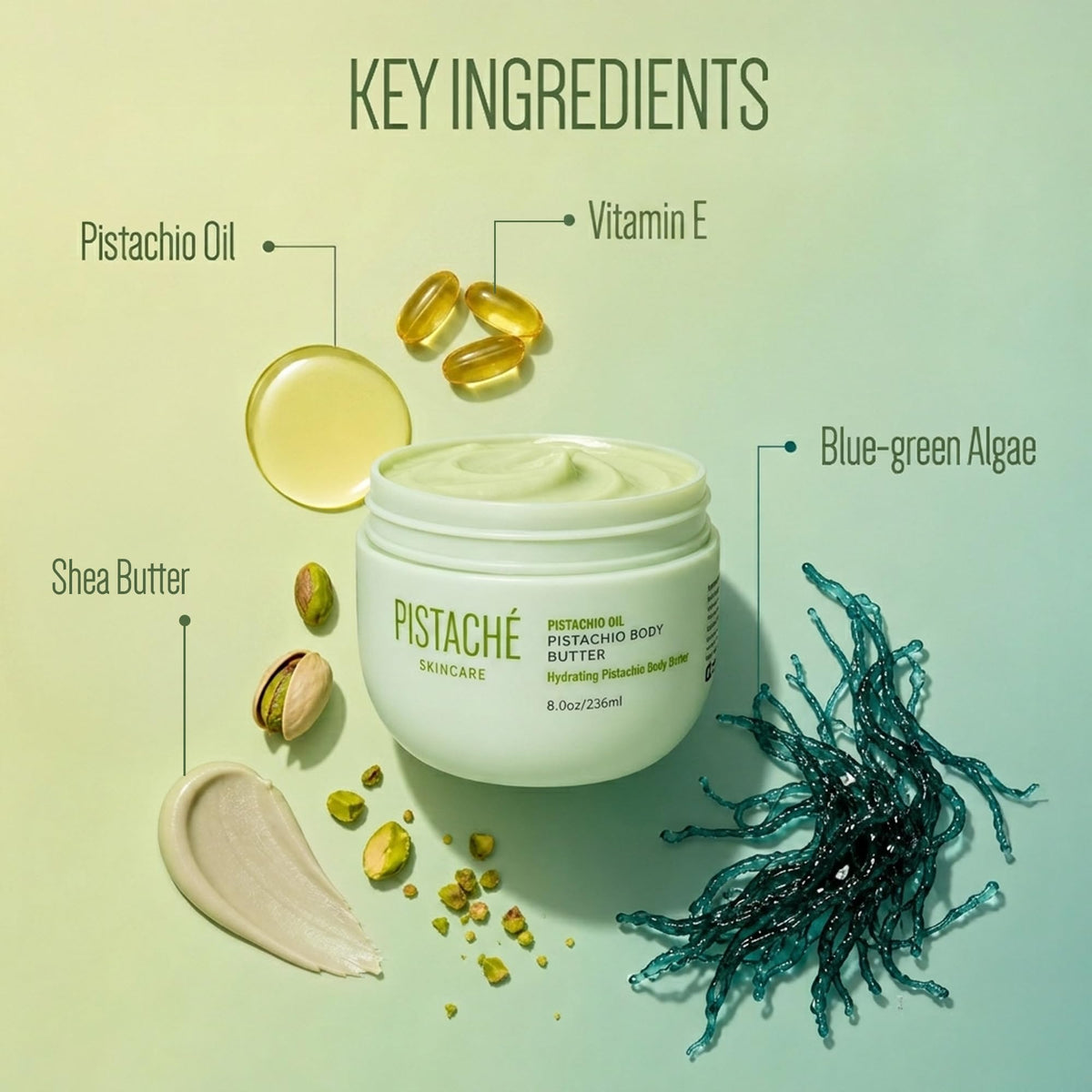 Pistaché Skincare applied to forearm demonstrating quick absorption and non-greasy finish