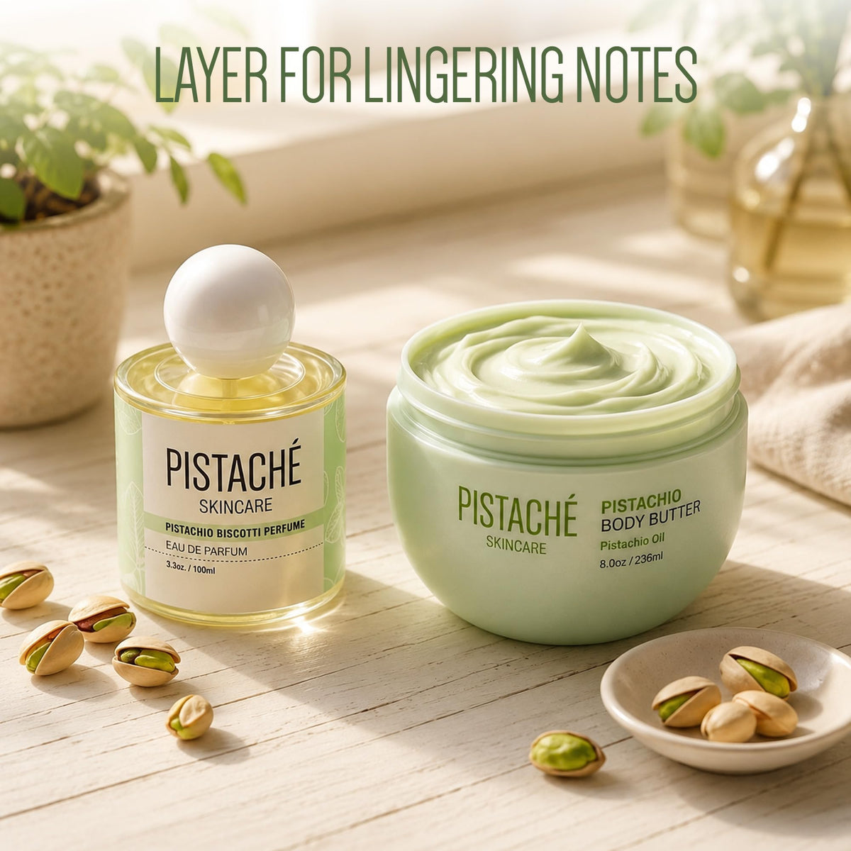 Pistaché Skincare pistachio biscotti fragrance ingredients staged for scent context