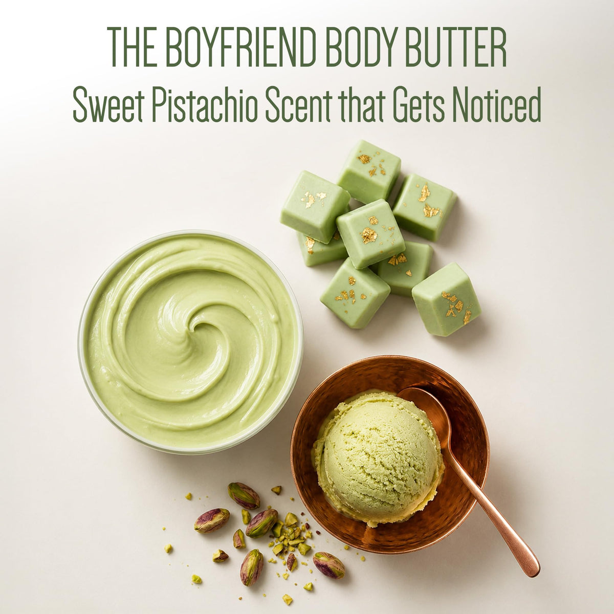 Pistaché Skincare open jar top view revealing fluffy pistachio oil body butter