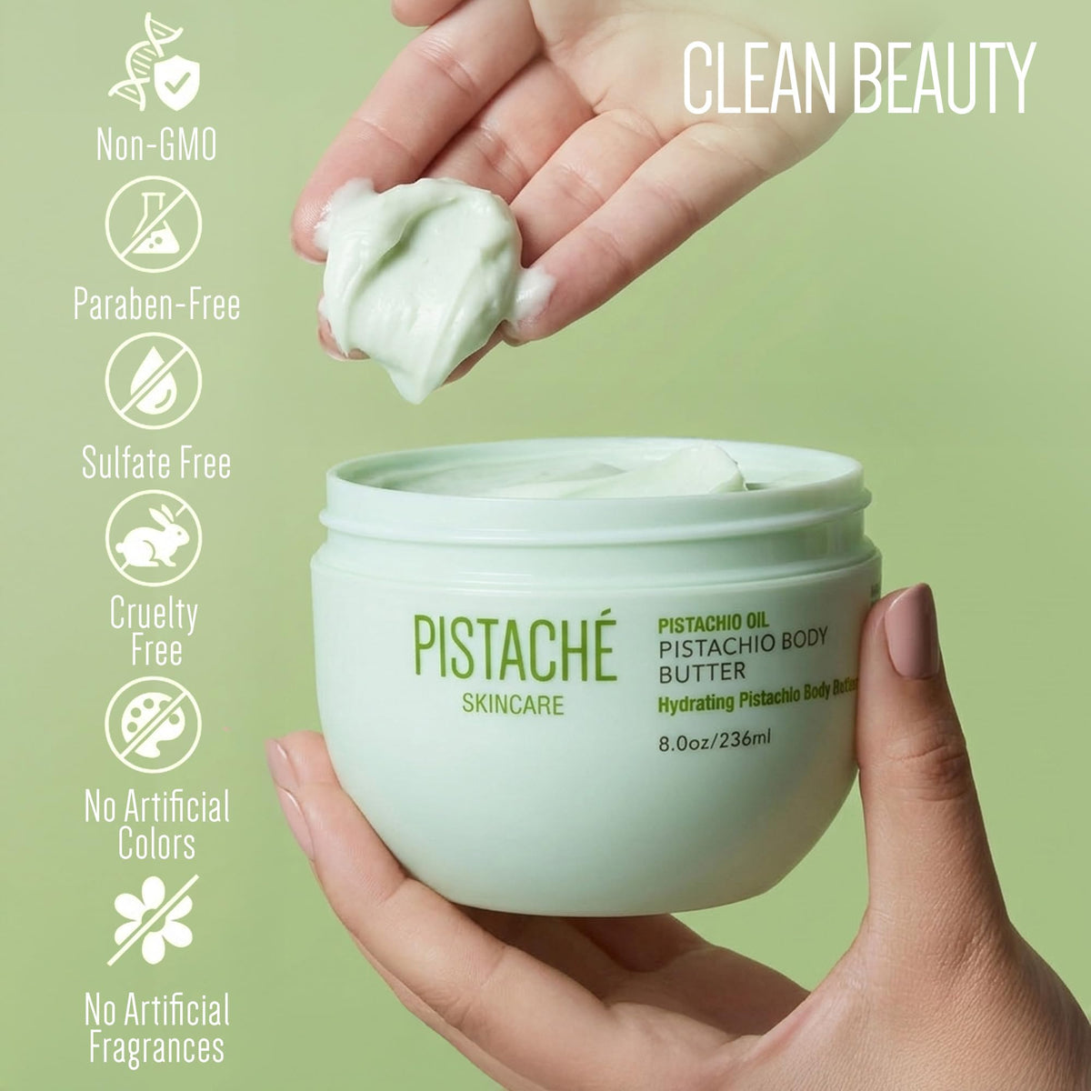 Pistaché Skincare jar styled with pistachios highlighting natural ingredient appeal